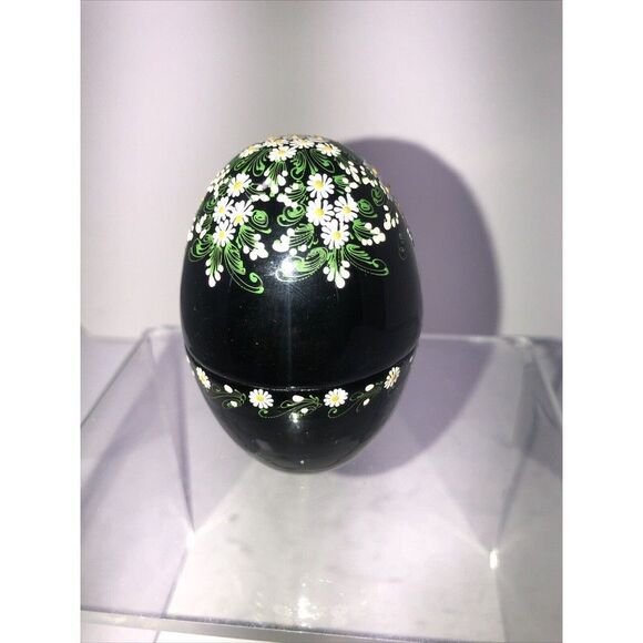 Alabaste wood egg Thailand hand painted Trinket Box 3.5" daisis on black - Picture 7 of 7